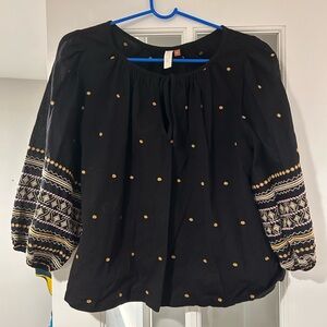 Pilcro Black Blouse with Gold and Purple Embroidery